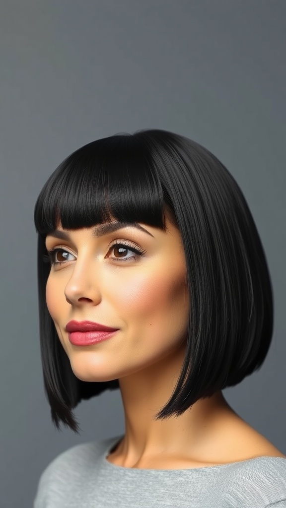 A woman with a blunt A-line bob haircut, featuring a glossy finish and a stylish look.