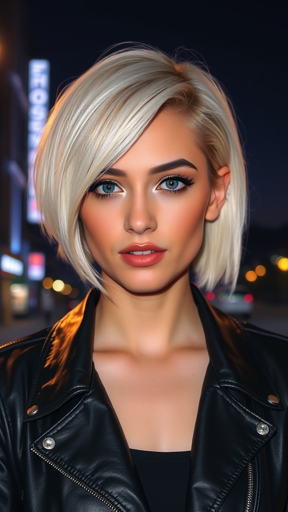 A woman with a blunt asymmetrical bob haircut, featuring platinum blonde hair, wearing a black leather jacket against a city backdrop.