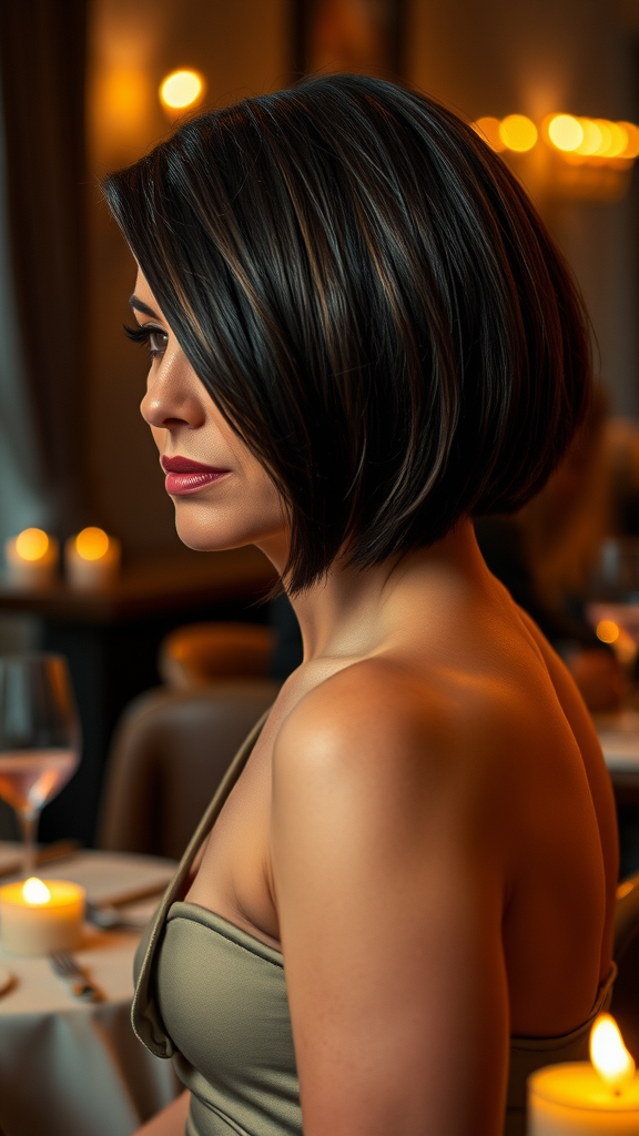 A woman with a blunt asymmetrical bob hairstyle and deep part, sitting at a dining table.