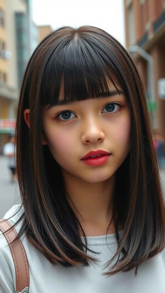 A teen girl with a blunt bob hairstyle and straight bangs, looking stylish and confident.