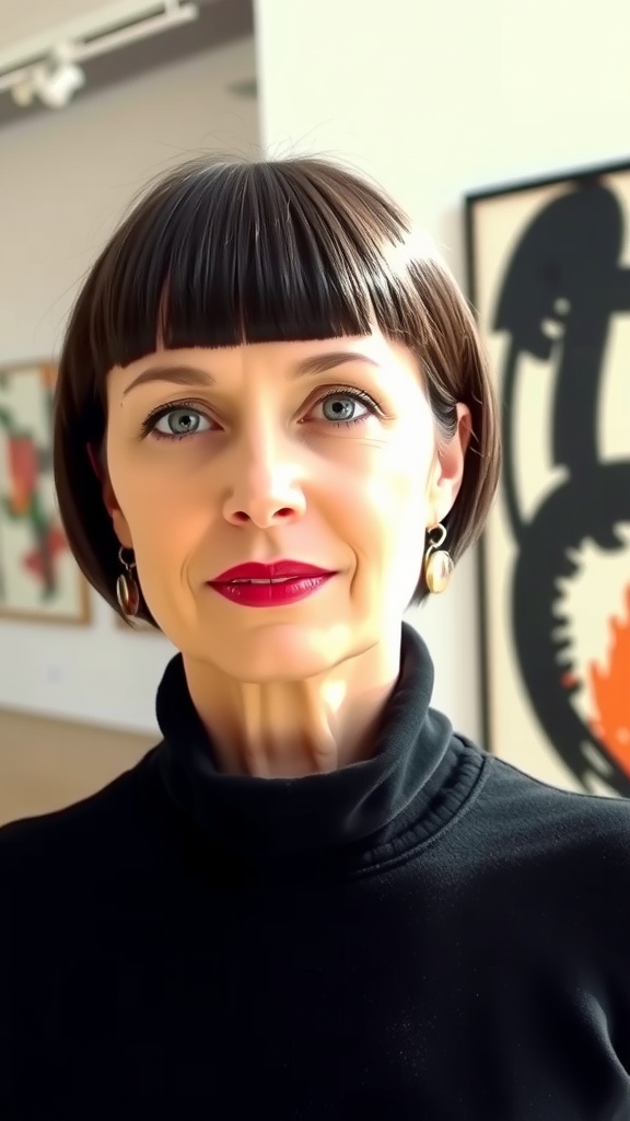 A woman with a blunt cut bob and baby bangs, wearing a turtleneck and looking confidently at the camera.