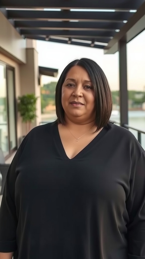 A woman with a blunt cut lob hairstyle, wearing a black top, standing outdoors