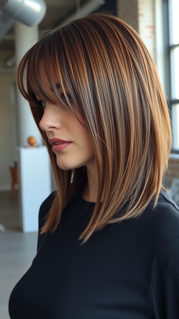 A woman with medium length hair styled with blunt ends and curtain bangs, showcasing a modern haircut