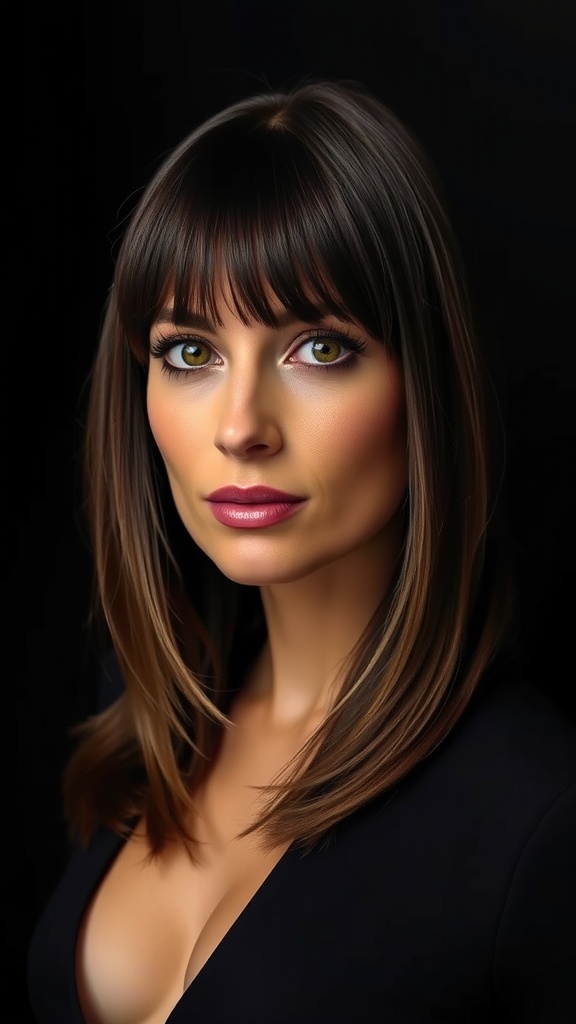 A woman with medium length hair styled in blunt ends with long layers, featuring bangs, against a dark background.