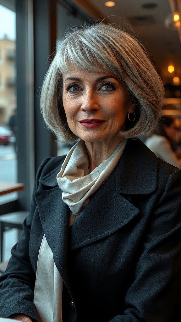 A woman over 60 with a blunt lob hairstyle featuring slight waves, sitting in a café.