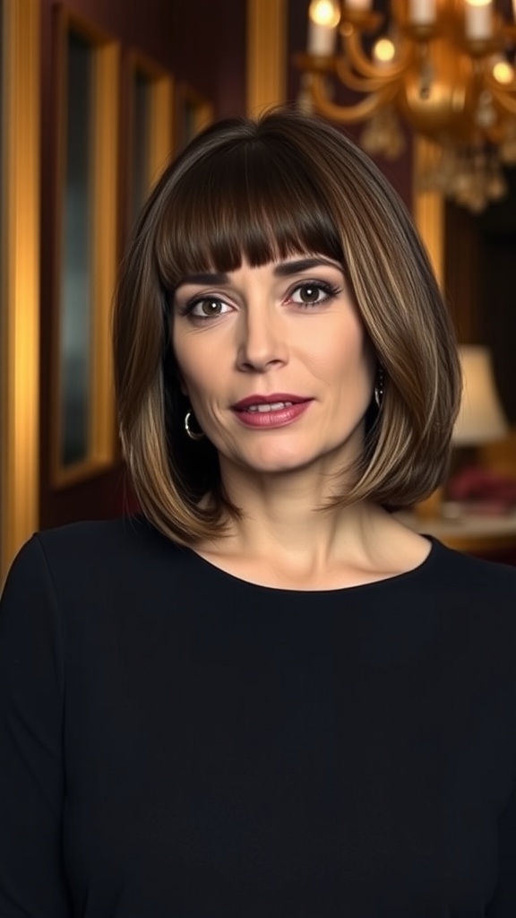 A woman with a blunt lob haircut featuring subtle layers, posing in a sophisticated setting.