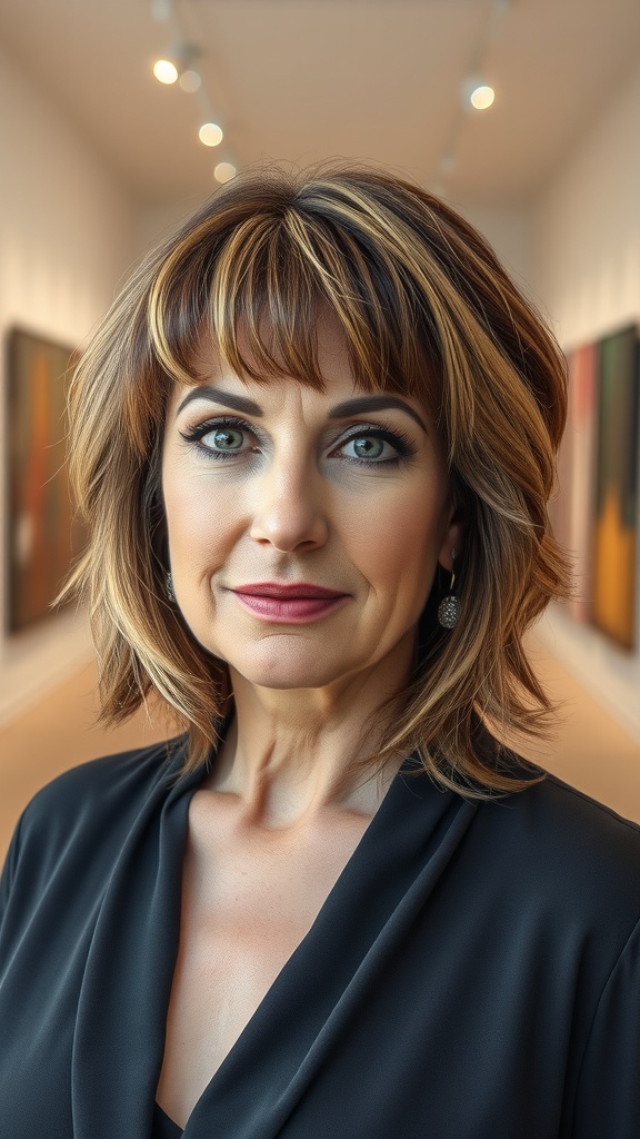 A woman with a blunt shag haircut featuring chunky highlights, posing in an art gallery.