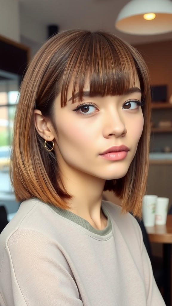 A woman with a blunt shag haircut featuring straight layers, showcasing a modern and polished hairstyle.