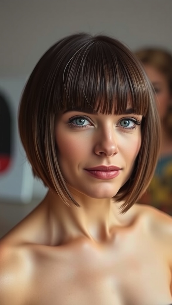 A woman showcasing a sleek bob haircut with blunt bangs in a modern indoor setting.