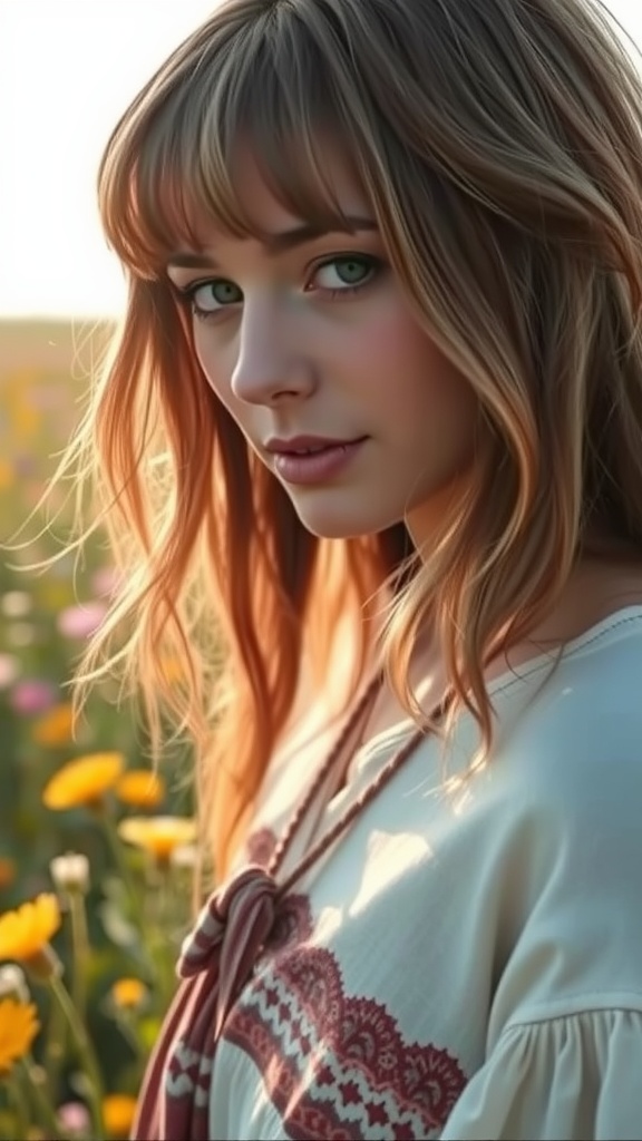 A woman with shaggy hair and long bangs stands in a field of flowers, showcasing a bohemian style.