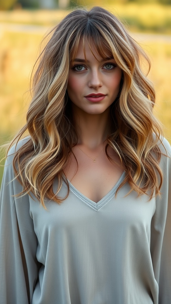 A woman with medium length hair styled in bohemian waves and curtain bangs, wearing a light gray top.