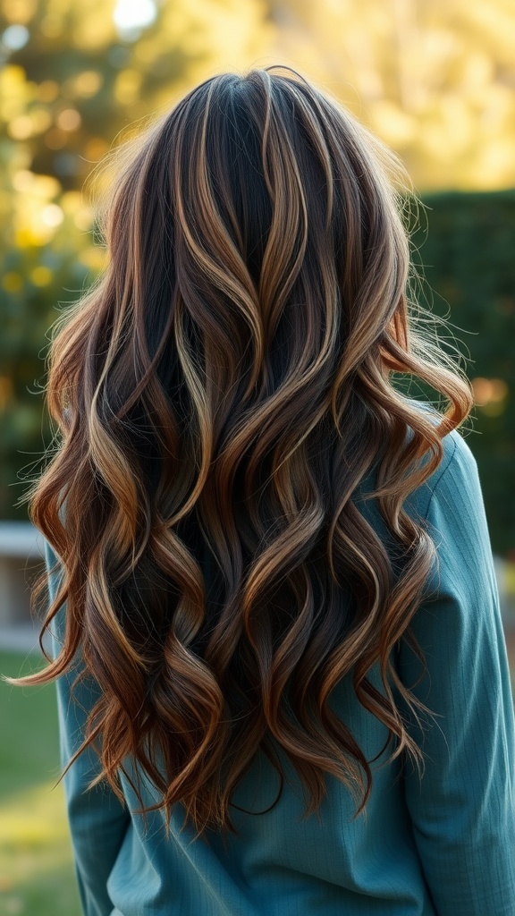 Long, flowing hair styled in boho-inspired waves with warm tones