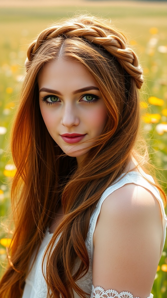 A woman with long hair styled in a boho braided crown, surrounded by a field of flowers