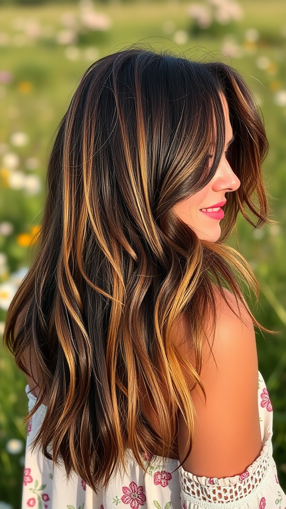 A woman with long, wavy hair showcasing a Boho shag haircut, with a floral background.