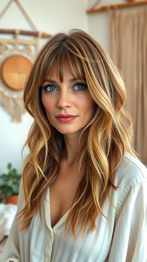 A woman with shaggy hair and loose waves, showcasing a boho hairstyle with bangs