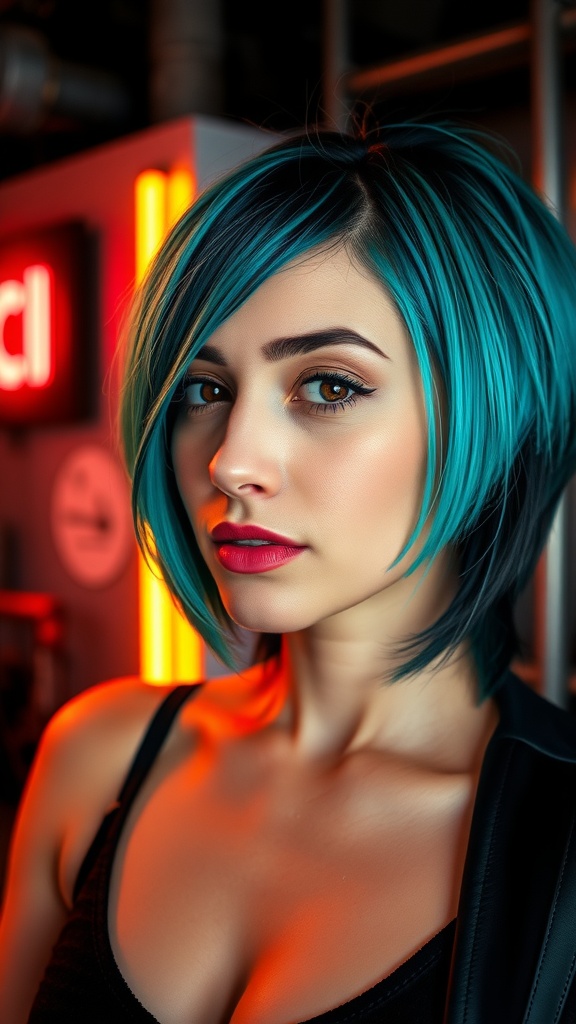 A woman with a bold asymmetrical bob haircut featuring vibrant blue color blocking, set against a stylish background.