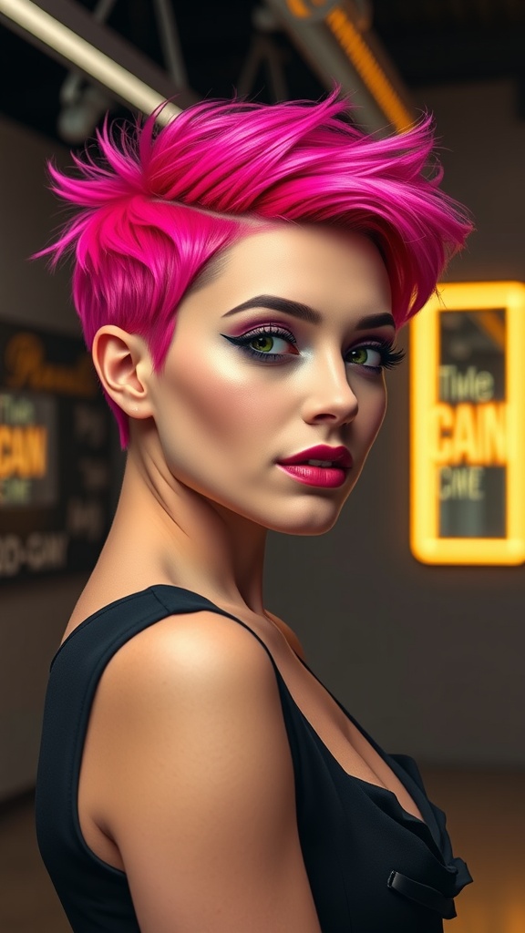 A woman with a bold pink tapered pixie cut, showcasing a stylish and confident look.
