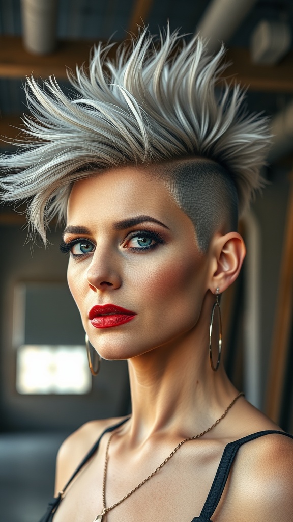 A model with a bold mohawk pixie haircut, featuring spiked hair and a confident expression.
