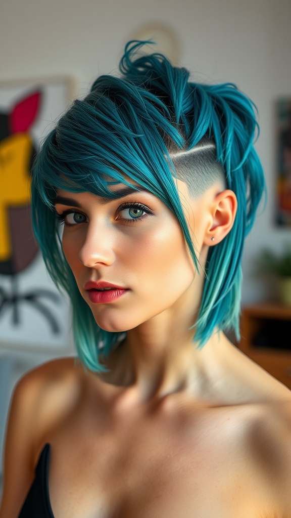A woman with a bold shag haircut featuring vibrant blue hair and shaved sides.