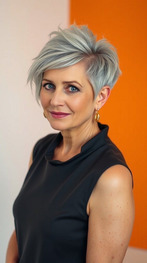 A woman with a bold undercut pixie hairstyle, showcasing a stylish silver color.