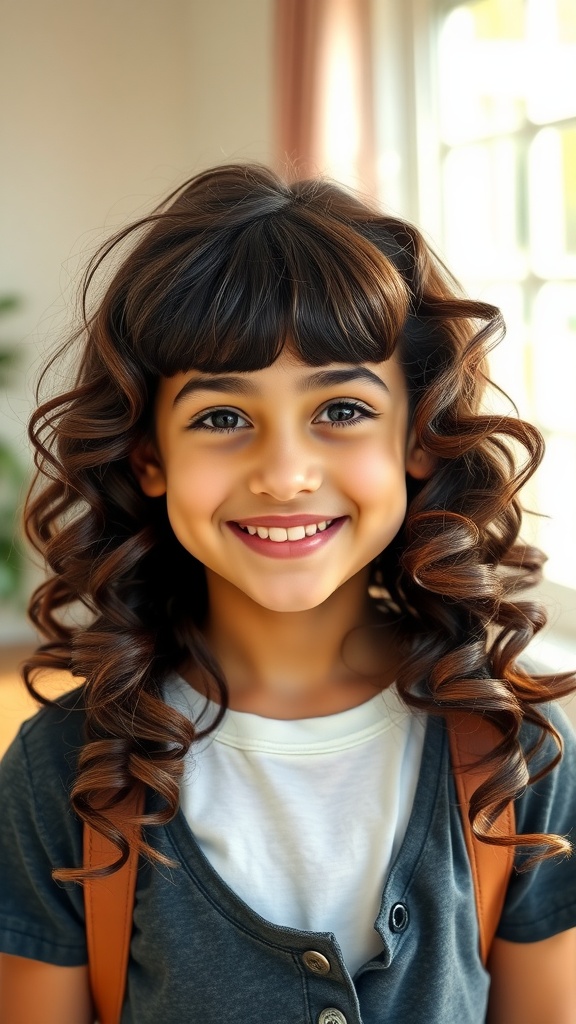 A young girl with bouncy curls and a blunt fringe, smiling brightly.
