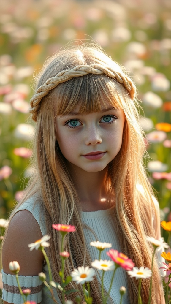 A girl with a braided crown hairstyle and fringe bangs, surrounded by flowers.