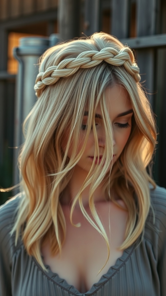 A woman with medium-length hair styled in a braided crown with loose strands, showcasing a soft and romantic look.