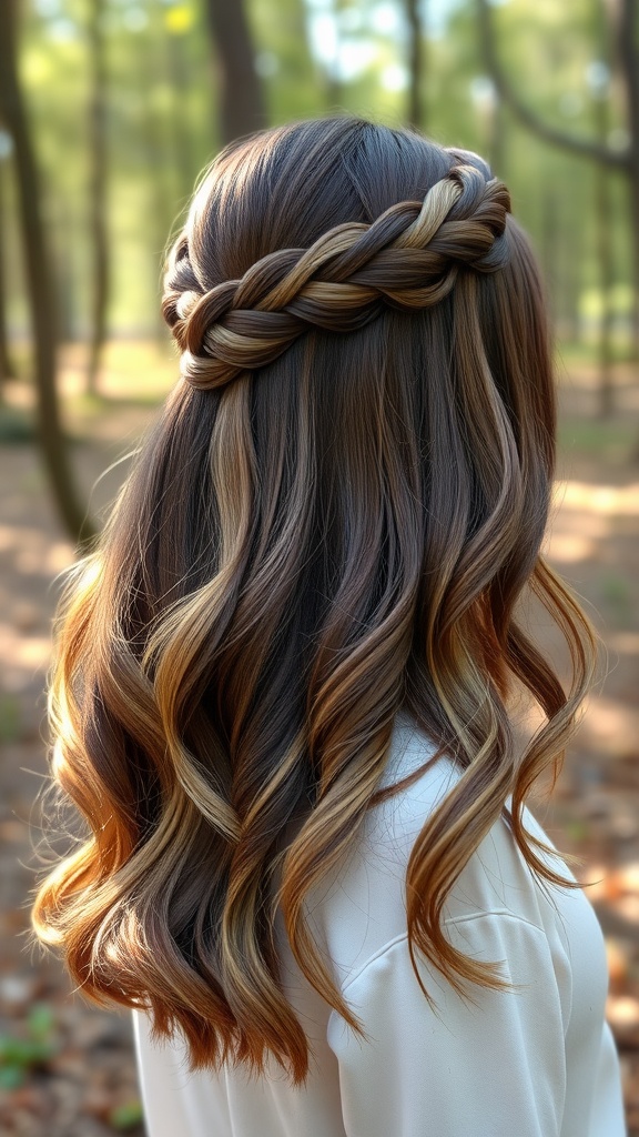 A woman with medium-length hair styled in a braided half-up ponytail, featuring soft waves and highlights.