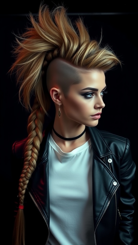 A model with a braided mohawk hairstyle, featuring a high spiky top and a long braid on one side, wearing a leather jacket.