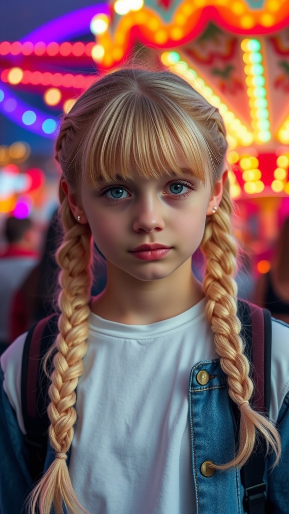 Girl with braided pigtails and soft fringe at a fair.