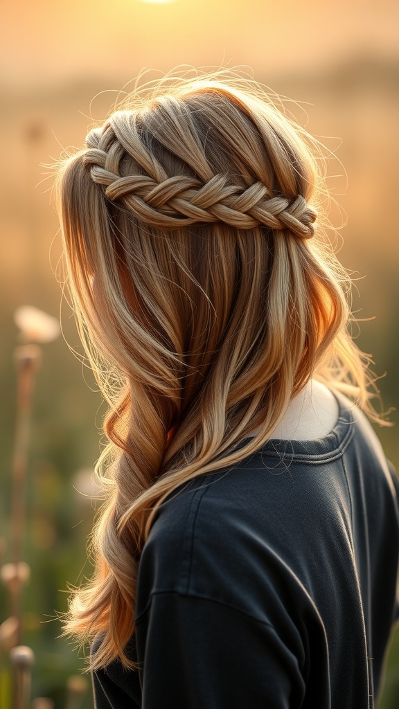 A woman with medium length hair styled in a braided side crown, showcasing soft waves and natural beauty.
