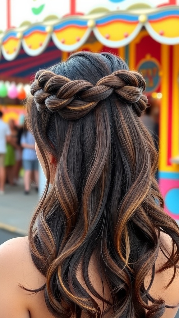 A woman with medium-length hair styled in a bubble braid half-up style, featuring soft waves and a colorful background.