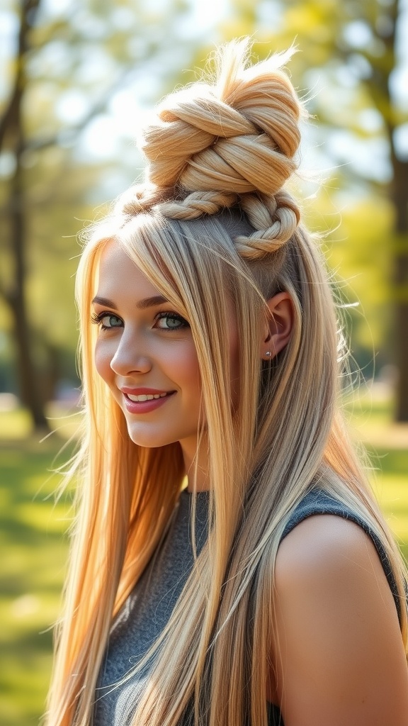 A woman with long hair styled in a bubble braid updo, smiling outdoors.