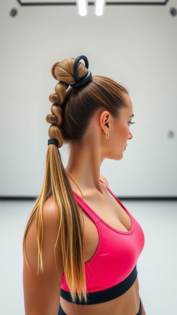 A stylish bubble ponytail hairstyle featuring defined sections and a sleek finish.
