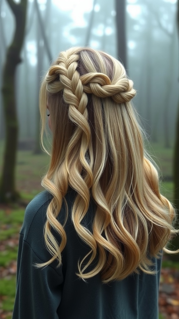 A woman with medium-length blonde hair styled in a cascading fishtail braid, set against a misty forest background.