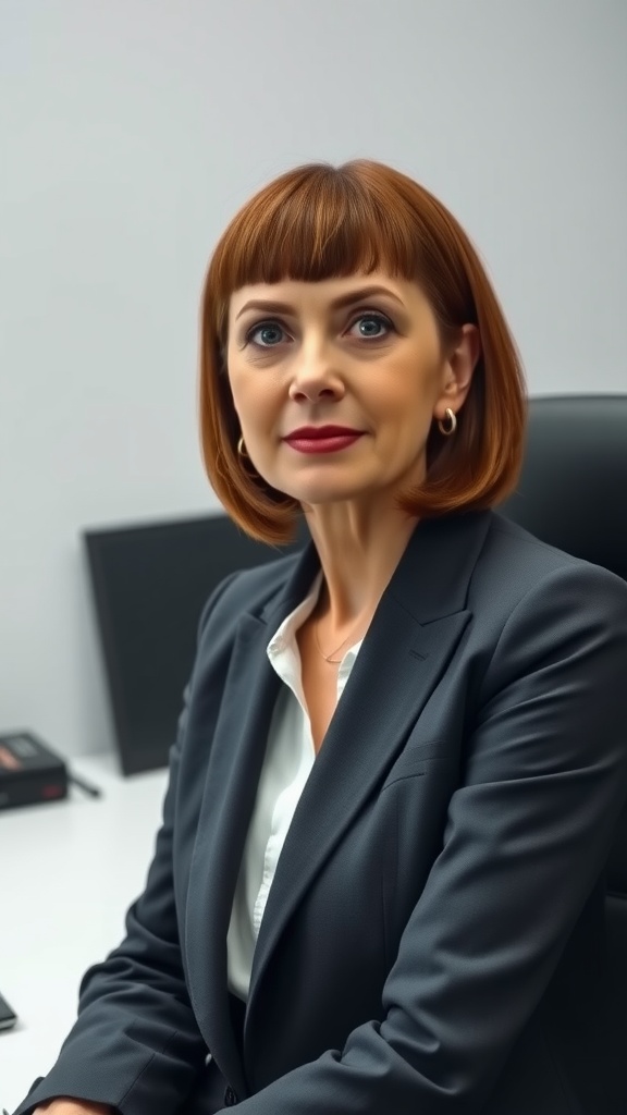 A woman with a chic blunt cut hairstyle, dressed in a professional outfit, showcasing a vibrant hair color.