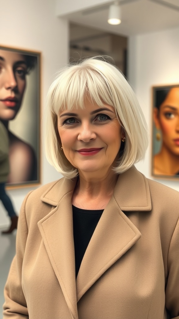 A woman with a chic blunt lob and layered bangs, wearing a beige coat, smiling in an art gallery.