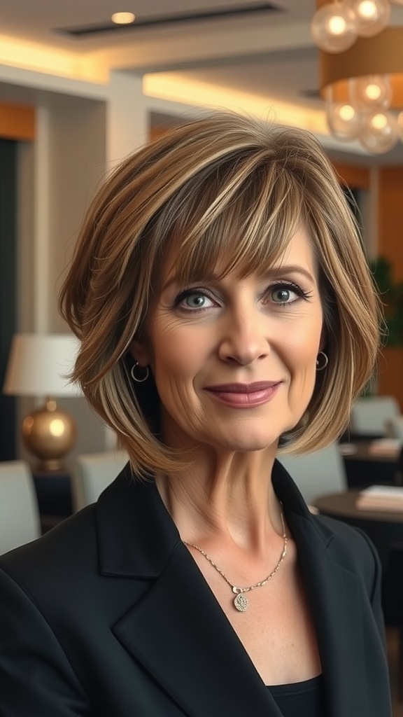 A woman with a chic layered bob hairstyle and side-swept bangs, dressed in a black blazer.