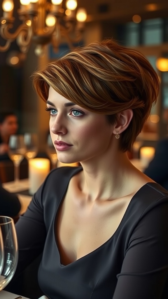 A woman with a chic tapered pixie cut and side part, looking elegant in a sophisticated setting.