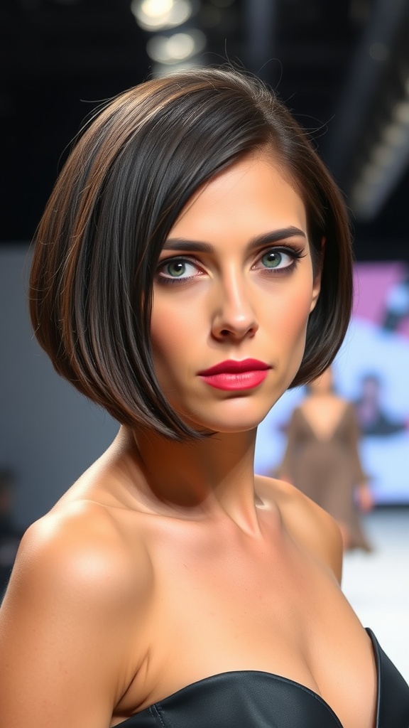 A woman with a chin-length A-line bob haircut, showcasing a tapered nape and bold lip color.