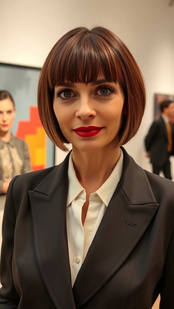 A woman with a chin-length bob and bangs, wearing a blazer and looking confidently at the camera.
