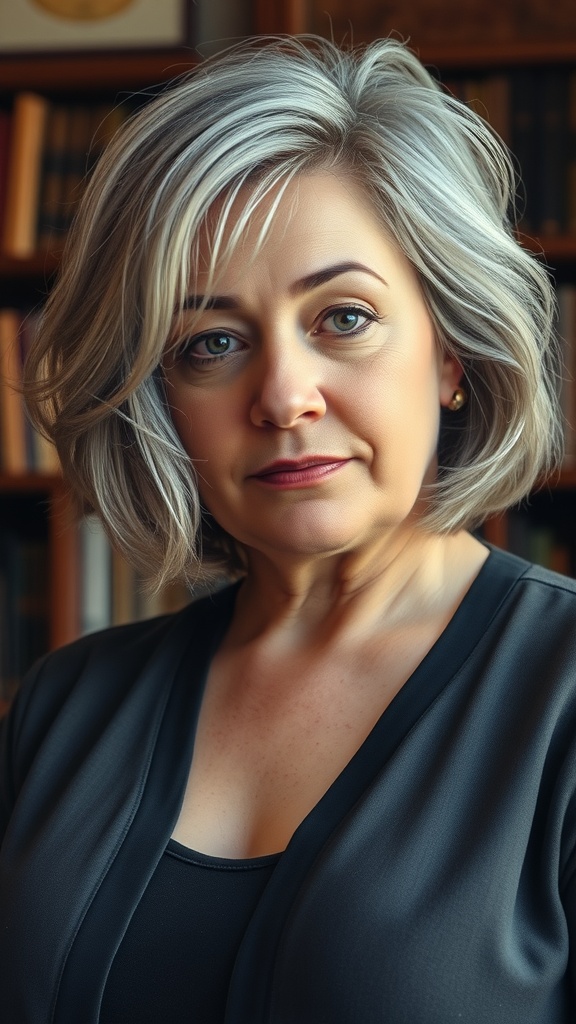 A woman with a chin-length feathered bob hairstyle, showcasing her natural gray hair, looking confident and stylish.