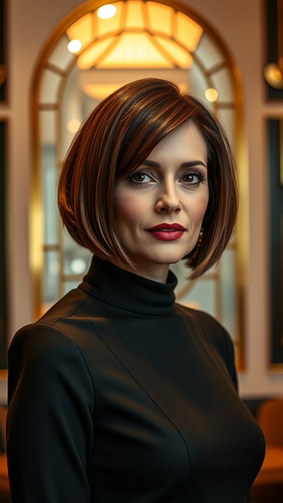 A woman with a chin-length layered bob hairstyle, wearing a black turtleneck, with a soft background.