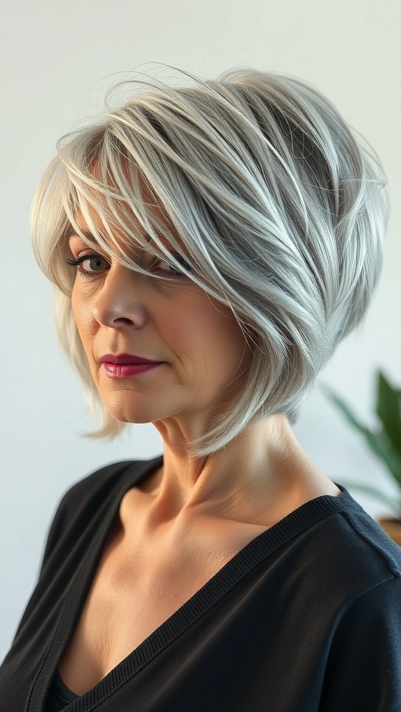 A woman with a chin-length shag hairstyle, featuring layered, soft waves and a light hair color, showcasing a youthful and sophisticated look.