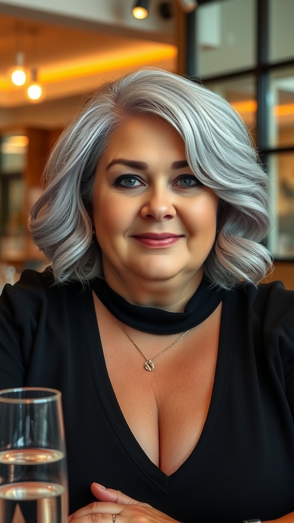 A woman with a chin-length wavy bob hairstyle, smiling confidently.