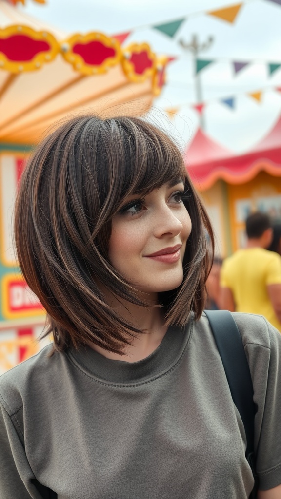 A woman with a choppy A-line bob haircut featuring fringe, smiling at a fair.