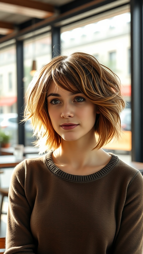 A woman with a choppy bob shag hairstyle, showcasing layers and soft waves in a cozy café.