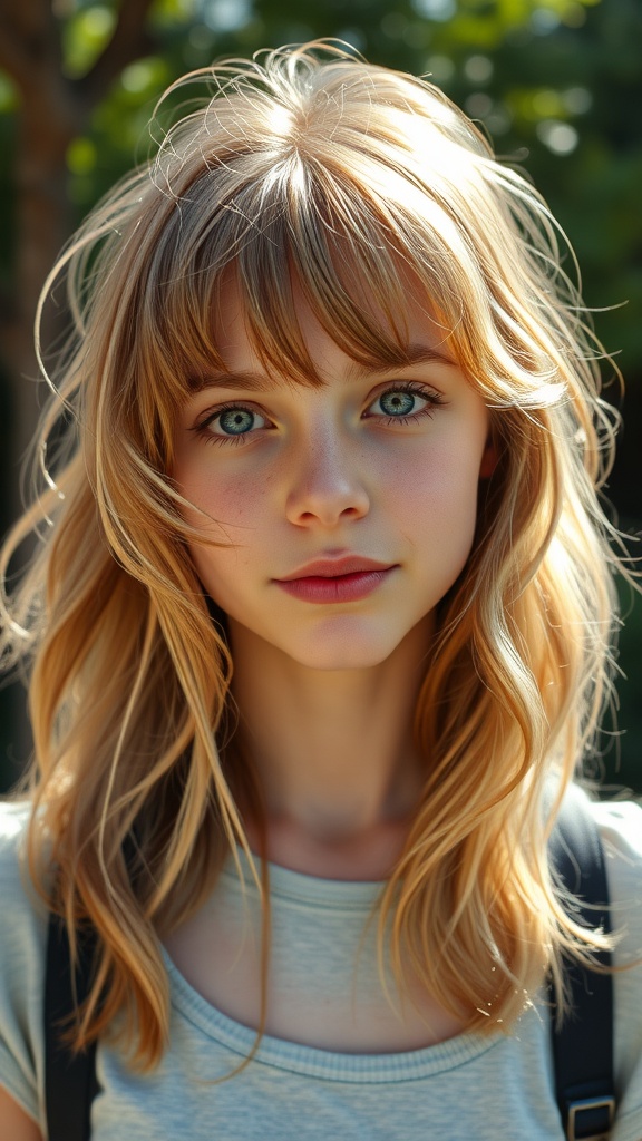 Teen girl with choppy fringe and loose waves hairstyle, smiling and looking at the camera