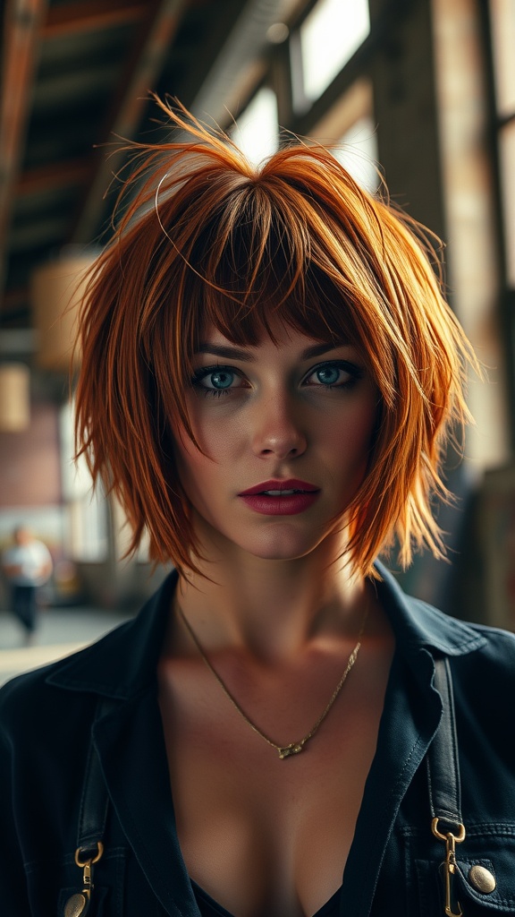 A woman with a choppy layered bob haircut in vibrant orange color, showcasing texture and movement.