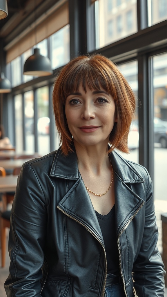 Woman with choppy layered bob hairstyle and blunt bangs, wearing a leather jacket